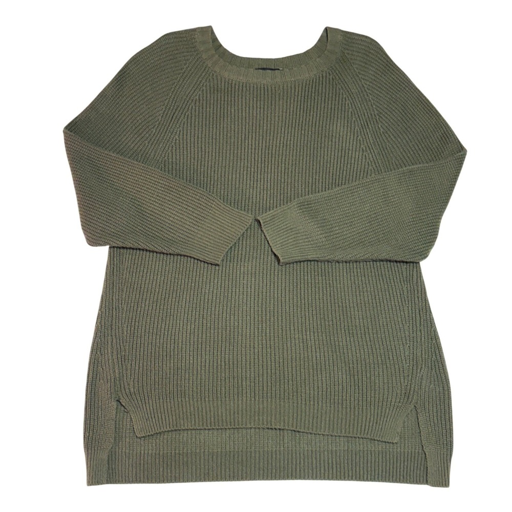 Express Olive Green Shaker Knit Sweater Womens Medium Raglan High Low Hem